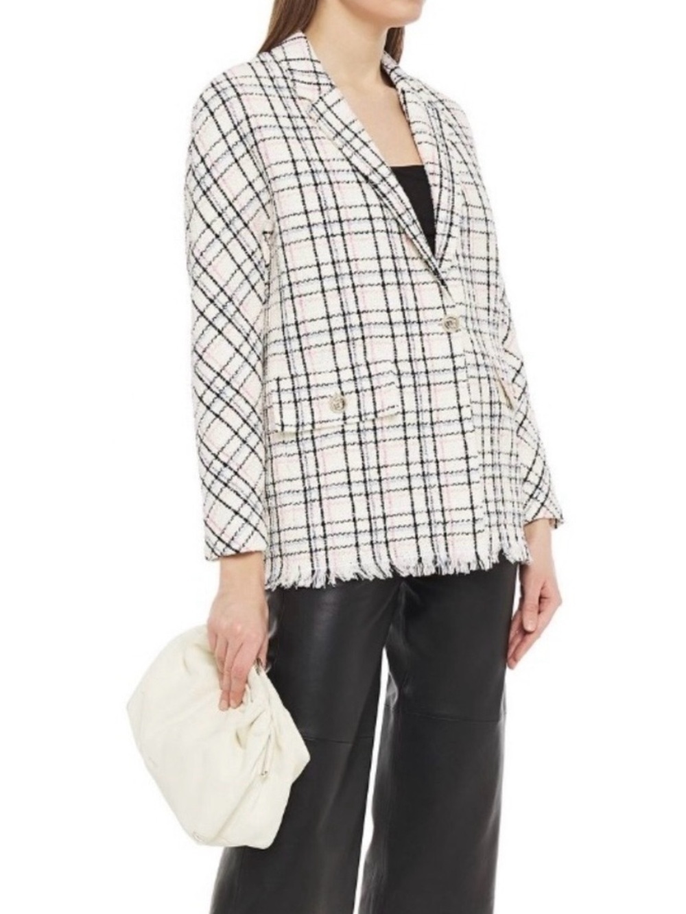 Maje preppy coquette style cream multicolored plaid blazer with gold button | 34